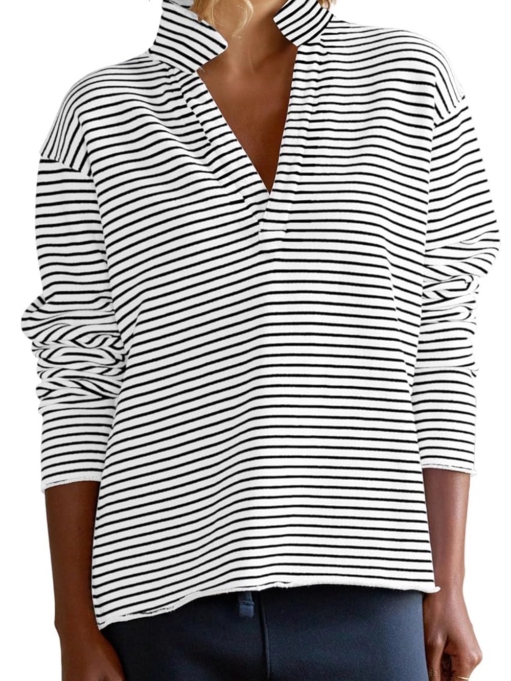 Striped V-Neck Long Sleeve Top in White and Black